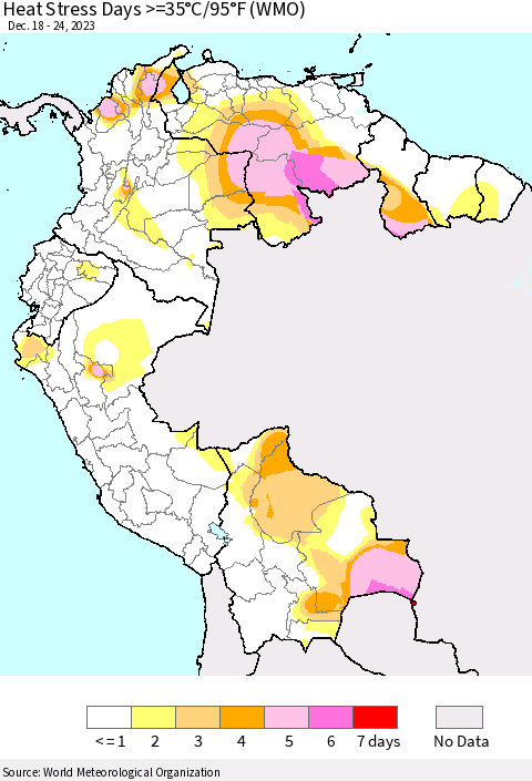 Northern South America Heat Stress Days >=35°C/95°F (WMO) Thematic Map For 12/18/2023 - 12/24/2023