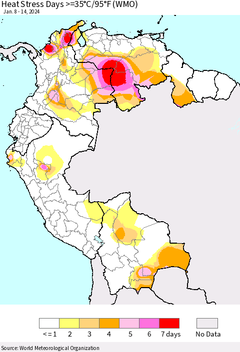Northern South America Heat Stress Days >=35°C/95°F (WMO) Thematic Map For 1/8/2024 - 1/14/2024