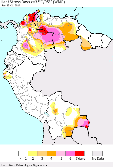Northern South America Heat Stress Days >=35°C/95°F (WMO) Thematic Map For 1/15/2024 - 1/21/2024