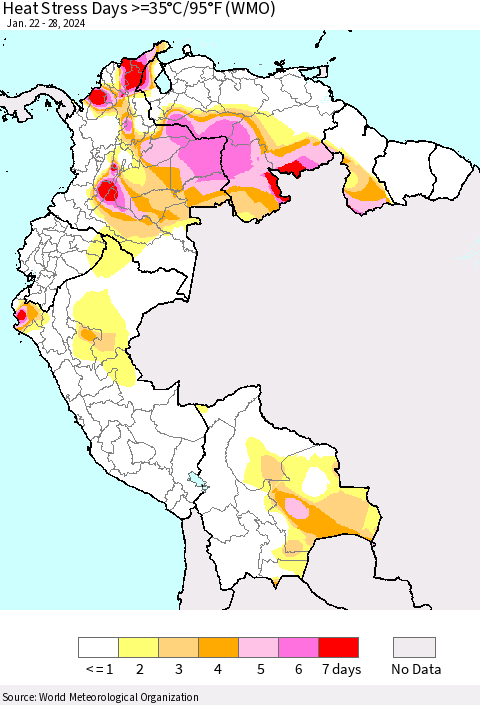 Northern South America Heat Stress Days >=35°C/95°F (WMO) Thematic Map For 1/22/2024 - 1/28/2024