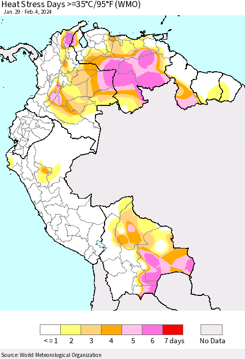 Northern South America Heat Stress Days >=35°C/95°F (WMO) Thematic Map For 1/29/2024 - 2/4/2024