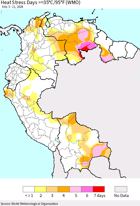 Northern South America Heat Stress Days >=35°C/95°F (WMO) Thematic Map For 2/5/2024 - 2/11/2024