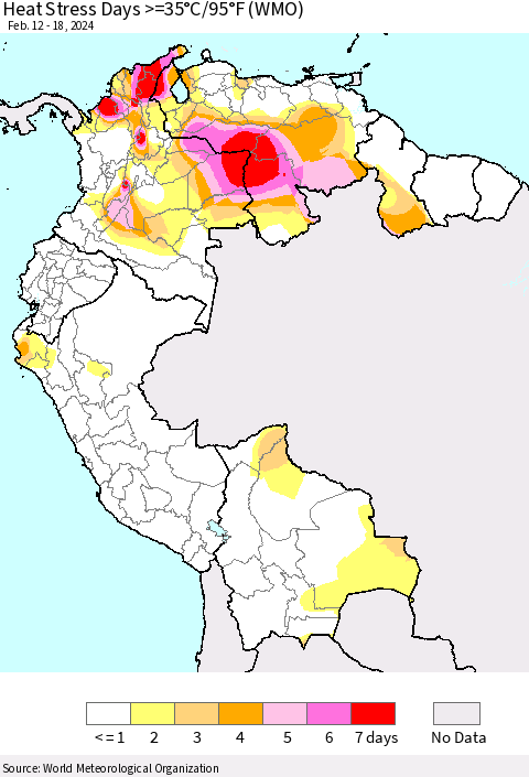 Northern South America Heat Stress Days >=35°C/95°F (WMO) Thematic Map For 2/12/2024 - 2/18/2024