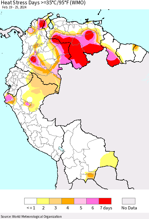 Northern South America Heat Stress Days >=35°C/95°F (WMO) Thematic Map For 2/19/2024 - 2/25/2024