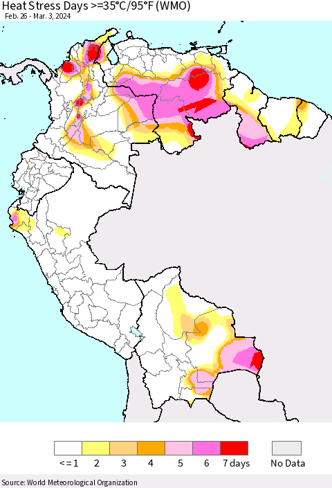 Northern South America Heat Stress Days >=35°C/95°F (WMO) Thematic Map For 2/26/2024 - 3/3/2024