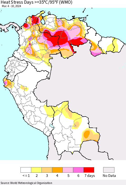 Northern South America Heat Stress Days >=35°C/95°F (WMO) Thematic Map For 3/4/2024 - 3/10/2024