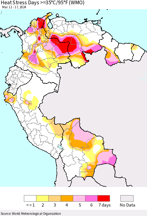 Northern South America Heat Stress Days >=35°C/95°F (WMO) Thematic Map For 3/11/2024 - 3/17/2024