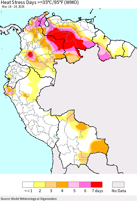 Northern South America Heat Stress Days >=35°C/95°F (WMO) Thematic Map For 3/18/2024 - 3/24/2024