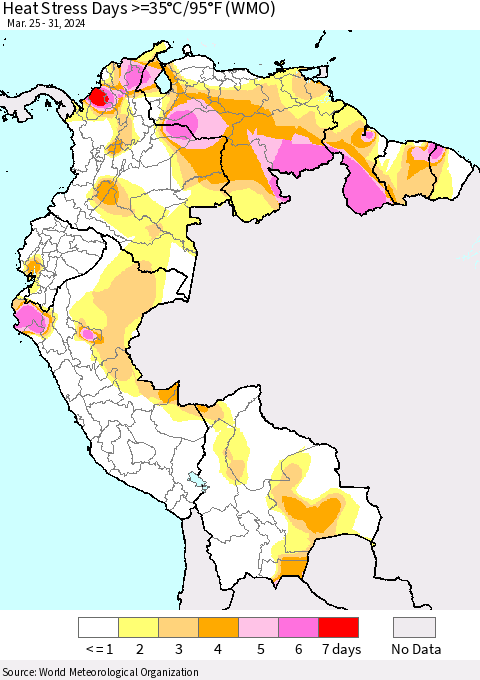 Northern South America Heat Stress Days >=35°C/95°F (WMO) Thematic Map For 3/25/2024 - 3/31/2024