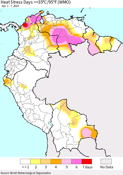 Northern South America Heat Stress Days >=35°C/95°F (WMO) Thematic Map For 4/1/2024 - 4/7/2024