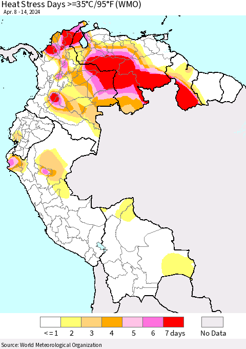 Northern South America Heat Stress Days >=35°C/95°F (WMO) Thematic Map For 4/8/2024 - 4/14/2024