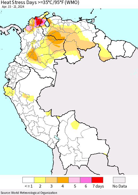 Northern South America Heat Stress Days >=35°C/95°F (WMO) Thematic Map For 4/15/2024 - 4/21/2024