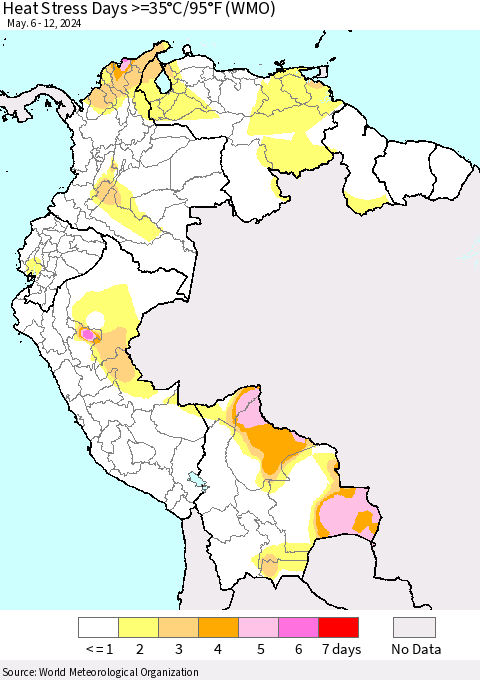 Northern South America Heat Stress Days >=35°C/95°F (WMO) Thematic Map For 5/6/2024 - 5/12/2024