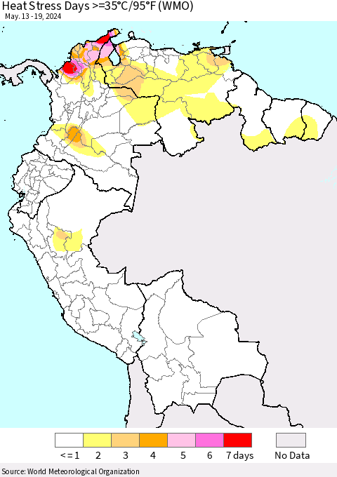 Northern South America Heat Stress Days >=35°C/95°F (WMO) Thematic Map For 5/13/2024 - 5/19/2024