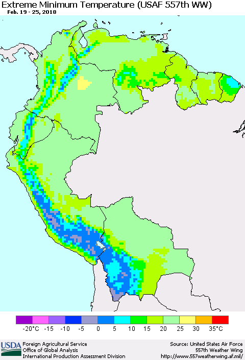 Northern South America Minimum Daily Temperature (USAF 557th WW) Thematic Map For 2/19/2018 - 2/25/2018
