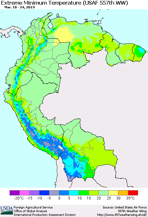 Northern South America Minimum Daily Temperature (USAF 557th WW) Thematic Map For 3/18/2019 - 3/24/2019