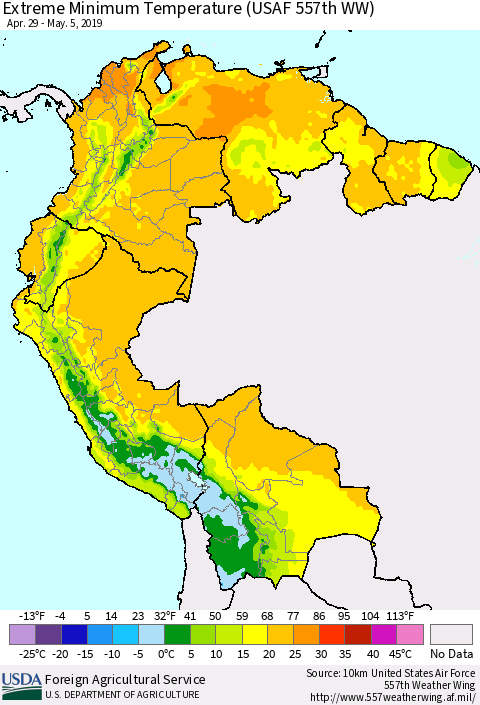 Northern South America Minimum Daily Temperature (USAF 557th WW) Thematic Map For 4/29/2019 - 5/5/2019