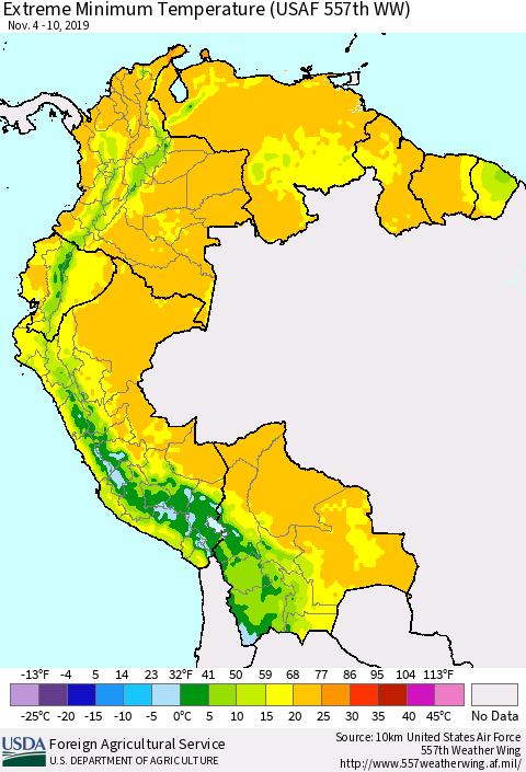 Northern South America Extreme Minimum Temperature (USAF 557th WW) Thematic Map For 11/4/2019 - 11/10/2019