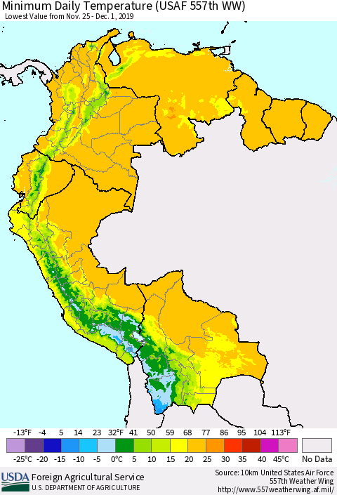 Northern South America Extreme Minimum Temperature (USAF 557th WW) Thematic Map For 11/25/2019 - 12/1/2019