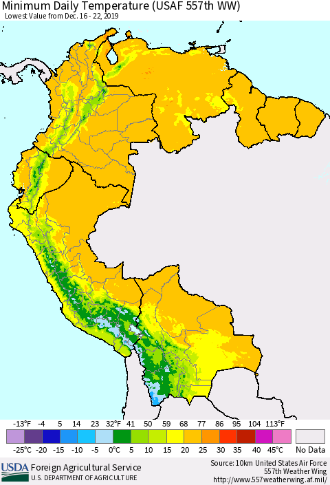 Northern South America Extreme Minimum Temperature (USAF 557th WW) Thematic Map For 12/16/2019 - 12/22/2019