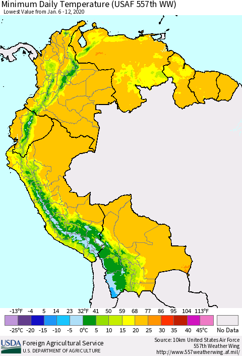 Northern South America Extreme Minimum Temperature (USAF 557th WW) Thematic Map For 1/6/2020 - 1/12/2020