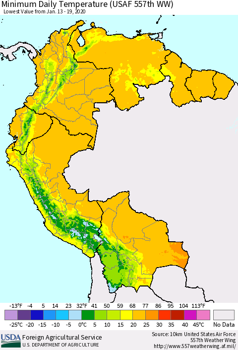 Northern South America Minimum Daily Temperature (USAF 557th WW) Thematic Map For 1/13/2020 - 1/19/2020