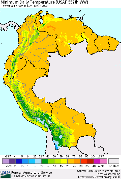Northern South America Minimum Daily Temperature (USAF 557th WW) Thematic Map For 1/27/2020 - 2/2/2020