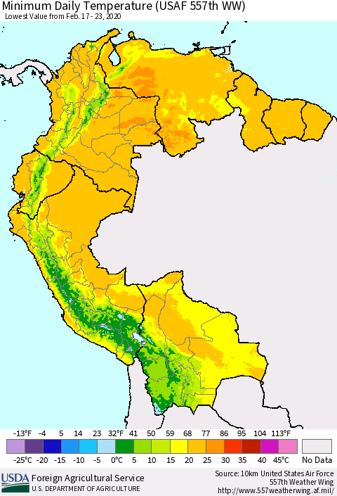 Northern South America Minimum Daily Temperature (USAF 557th WW) Thematic Map For 2/17/2020 - 2/23/2020