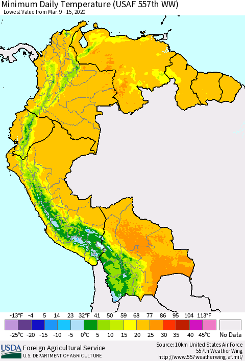Northern South America Minimum Daily Temperature (USAF 557th WW) Thematic Map For 3/9/2020 - 3/15/2020