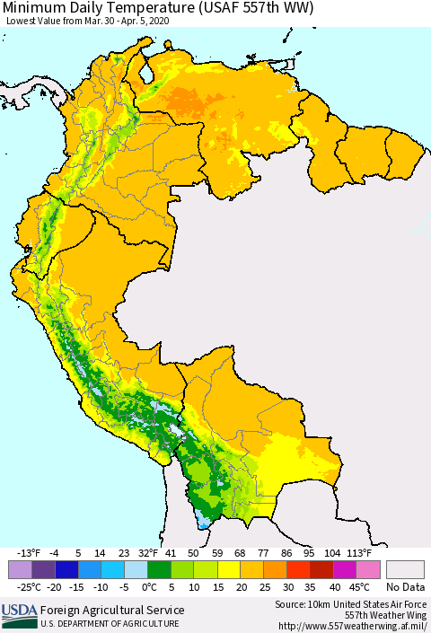 Northern South America Minimum Daily Temperature (USAF 557th WW) Thematic Map For 3/30/2020 - 4/5/2020