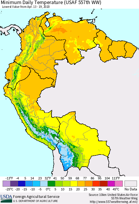 Northern South America Extreme Minimum Temperature (USAF 557th WW) Thematic Map For 4/13/2020 - 4/19/2020
