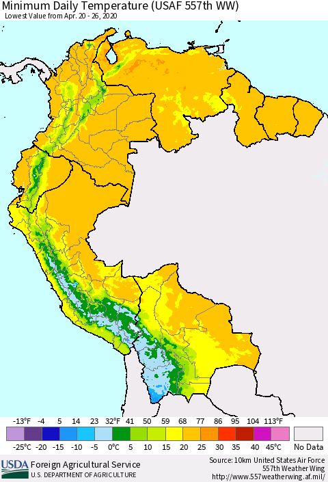 Northern South America Extreme Minimum Temperature (USAF 557th WW) Thematic Map For 4/20/2020 - 4/26/2020