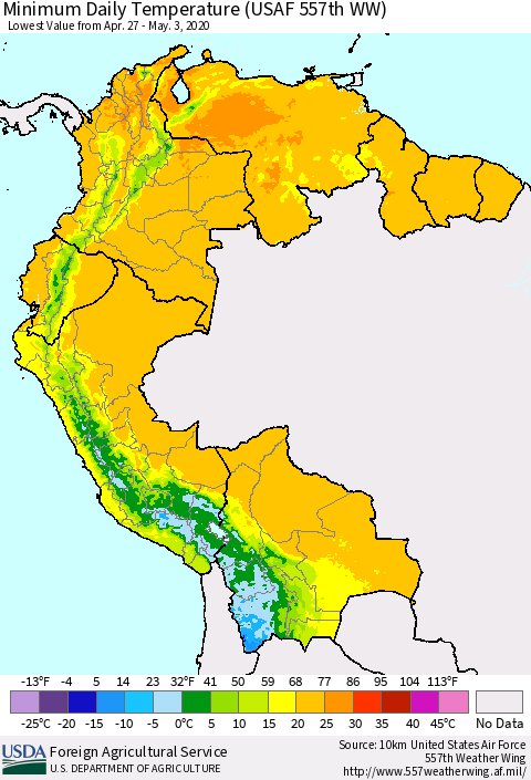 Northern South America Minimum Daily Temperature (USAF 557th WW) Thematic Map For 4/27/2020 - 5/3/2020