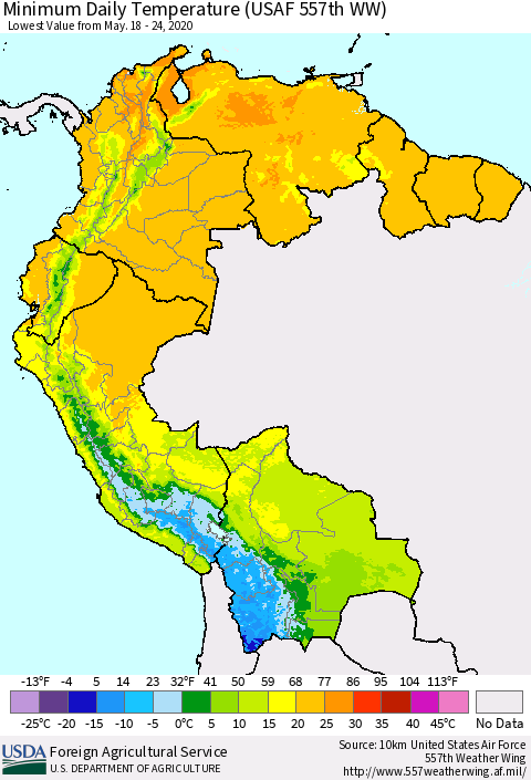 Northern South America Minimum Daily Temperature (USAF 557th WW) Thematic Map For 5/18/2020 - 5/24/2020