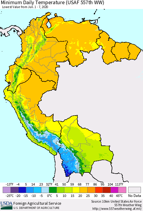 Northern South America Extreme Minimum Temperature (USAF 557th WW) Thematic Map For 6/1/2020 - 6/7/2020