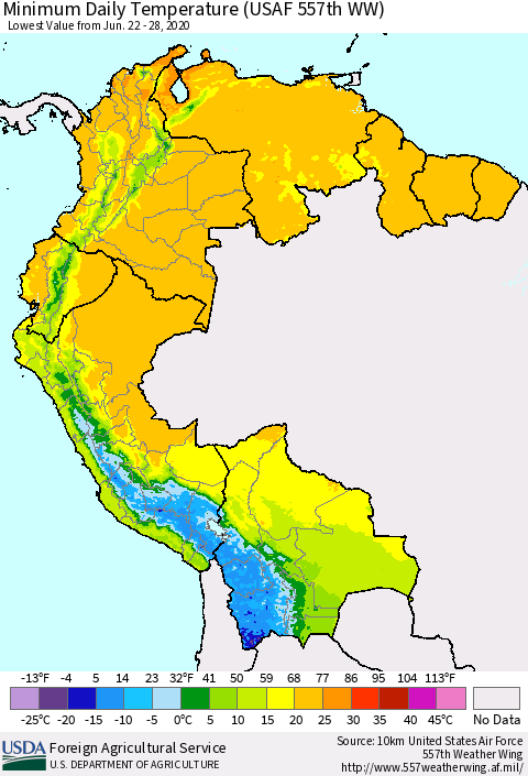 Northern South America Extreme Minimum Temperature (USAF 557th WW) Thematic Map For 6/22/2020 - 6/28/2020