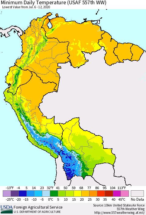Northern South America Minimum Daily Temperature (USAF 557th WW) Thematic Map For 7/6/2020 - 7/12/2020
