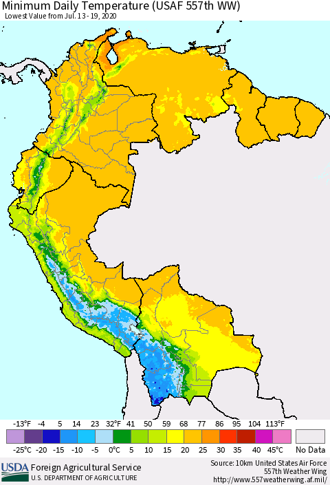 Northern South America Extreme Minimum Temperature (USAF 557th WW) Thematic Map For 7/13/2020 - 7/19/2020