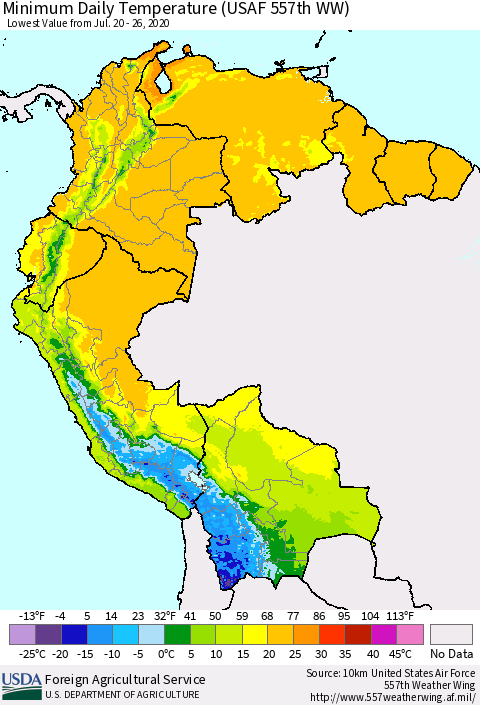 Northern South America Extreme Minimum Temperature (USAF 557th WW) Thematic Map For 7/20/2020 - 7/26/2020