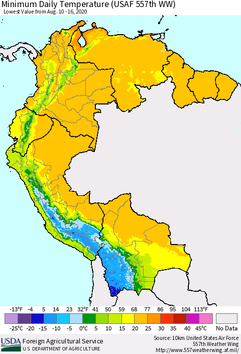 Northern South America Minimum Daily Temperature (USAF 557th WW) Thematic Map For 8/10/2020 - 8/16/2020
