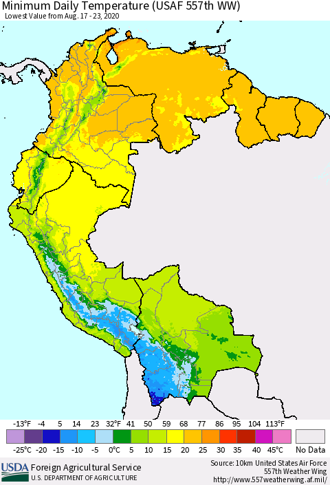 Northern South America Extreme Minimum Temperature (USAF 557th WW) Thematic Map For 8/17/2020 - 8/23/2020