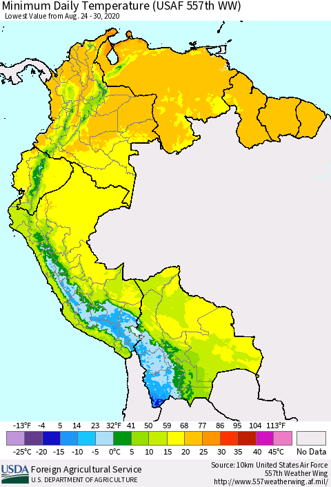 Northern South America Minimum Daily Temperature (USAF 557th WW) Thematic Map For 8/24/2020 - 8/30/2020