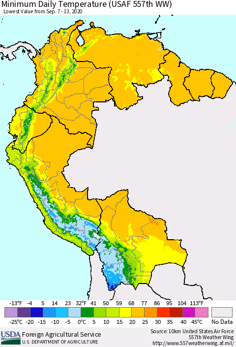 Northern South America Minimum Daily Temperature (USAF 557th WW) Thematic Map For 9/7/2020 - 9/13/2020