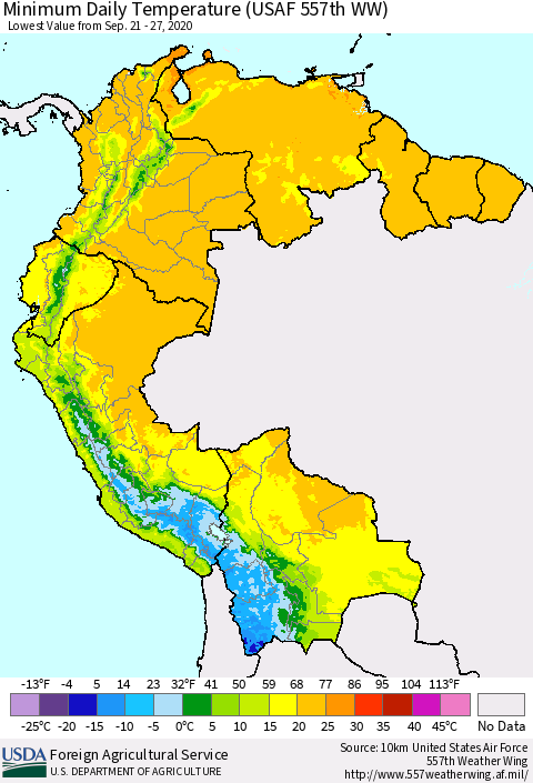 Northern South America Extreme Minimum Temperature (USAF 557th WW) Thematic Map For 9/21/2020 - 9/27/2020
