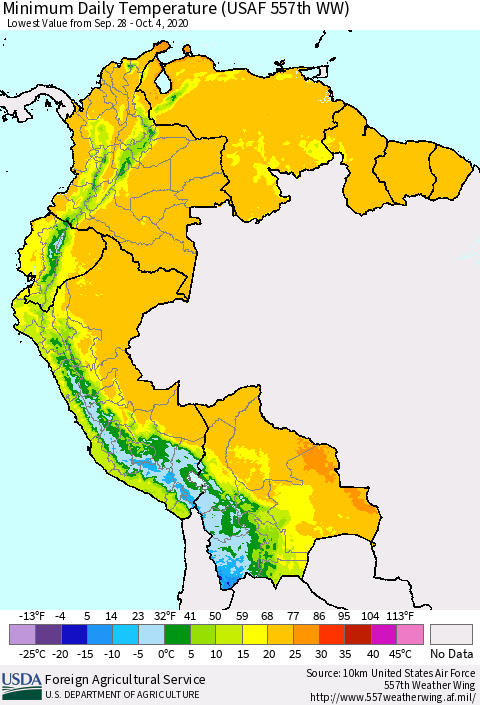 Northern South America Extreme Minimum Temperature (USAF 557th WW) Thematic Map For 9/28/2020 - 10/4/2020