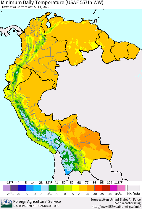 Northern South America Minimum Daily Temperature (USAF 557th WW) Thematic Map For 10/5/2020 - 10/11/2020