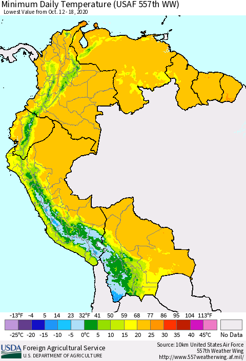 Northern South America Extreme Minimum Temperature (USAF 557th WW) Thematic Map For 10/12/2020 - 10/18/2020