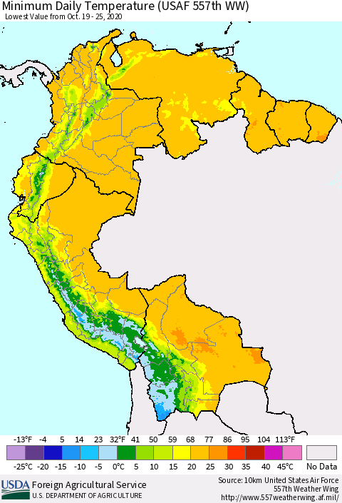 Northern South America Minimum Daily Temperature (USAF 557th WW) Thematic Map For 10/19/2020 - 10/25/2020