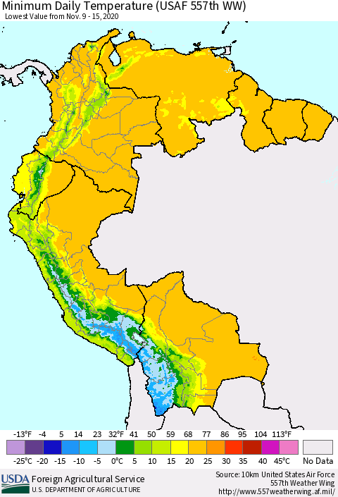 Northern South America Extreme Minimum Temperature (USAF 557th WW) Thematic Map For 11/9/2020 - 11/15/2020