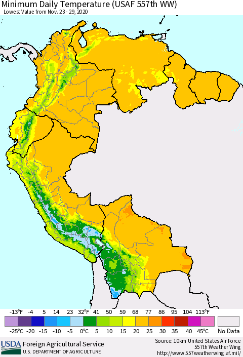 Northern South America Extreme Minimum Temperature (USAF 557th WW) Thematic Map For 11/23/2020 - 11/29/2020